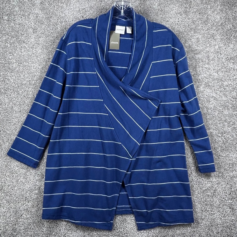 Chicos Zenergy‎ Womens Blue White Striped Open Front Cardigan 3 XL 100% Cotton